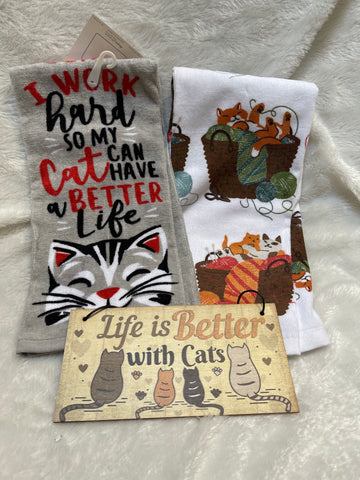 Two Cat Dish Towels & Plaque