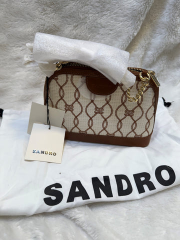 Designer "SANDRO" Leather-Trimmed Printed Canvas Cross-Body Bag (ecru/beige) with dust bag