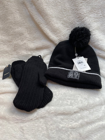 “Keep Warm” Hat Attack Black Cozy Mittens with Fleece Lining (one size) & DKNY Black Pom Pom Hat