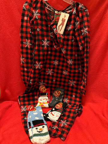 “Snow Snow Snow”  Onsie PJ w/scrunchie (size large) & 4 pair of snow socks