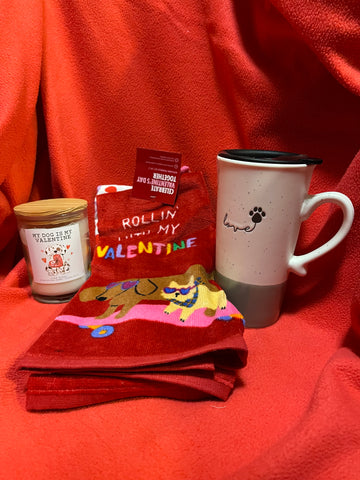 “Just Love” Love Travel Mug, Set of 2 “Rolling with my Valentine” Dish Towels & “My Dog Is My Valentine” Candle