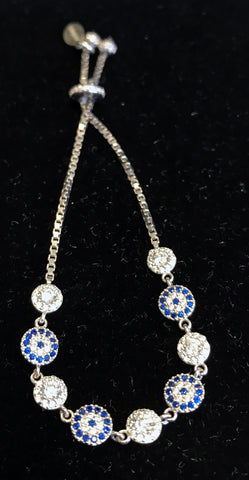 Slider Bracelet - Silver with 4 Evil Eyes Blue Crystal