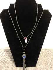 Blue Black & Clear Crystal Tassel Pendant on Long (approx 36”) chain (50% off)