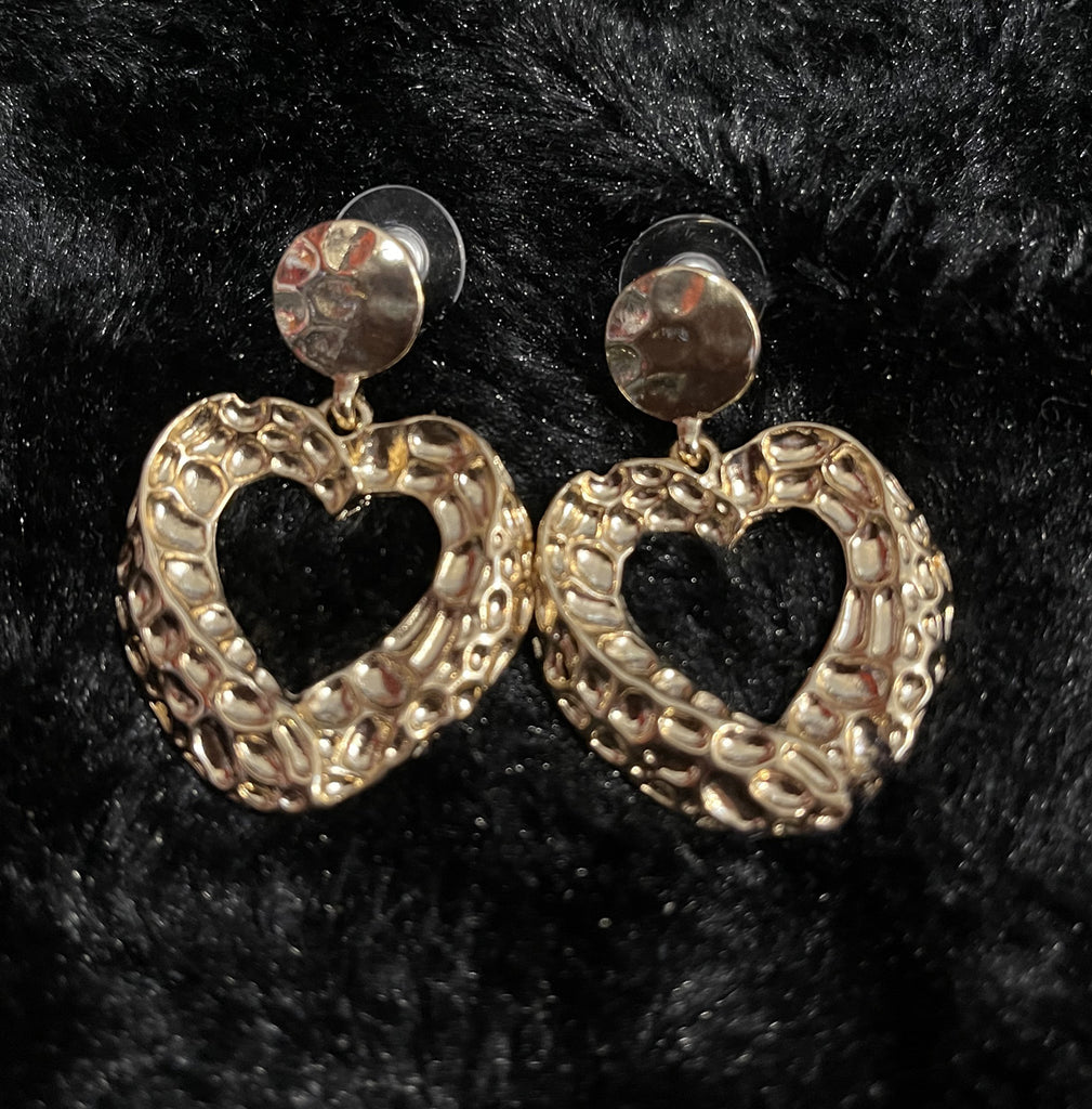 Gold Tone Hammered Heart Earrings