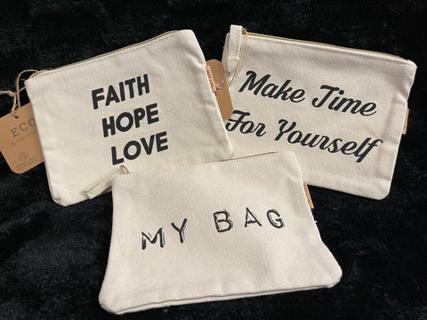 Set of 3 Eco Canvas Saying Zippered Pouches