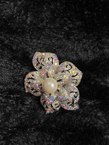 Silver Tone & Crystal Faux Pearl Brooch