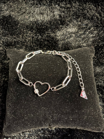 Sterling Rhodium Plated CZ Heart Carabiner Bracelet (approx 6” with 2.5 extender)