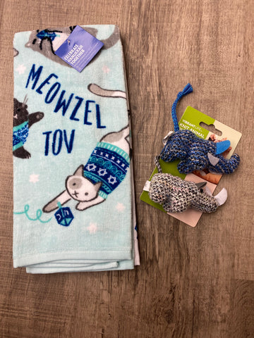 Set of Two Hanukah Cat Towels and Two Cat Toys