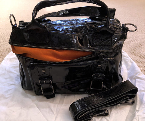 Vintage Cecile Jeanne (French) Black Patent Leather with Orange Suede Expandable Zipper Handbag with Outside Pocket & Shoulder Strap in Dust Bag